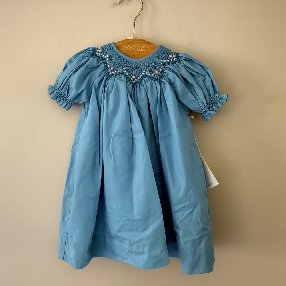 Petit Ami Blue Smocked Floral Embroidered Bishop Dress with Bloomers 6 Months